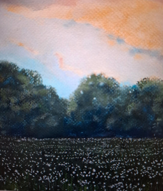 The meadow stretches endlessly in deep emerald shadows -Soft Pastel- Original Art-  9x12" with margin