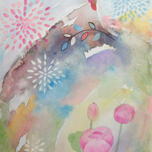 Colorful watercolor painting of flowers and abstract shapes