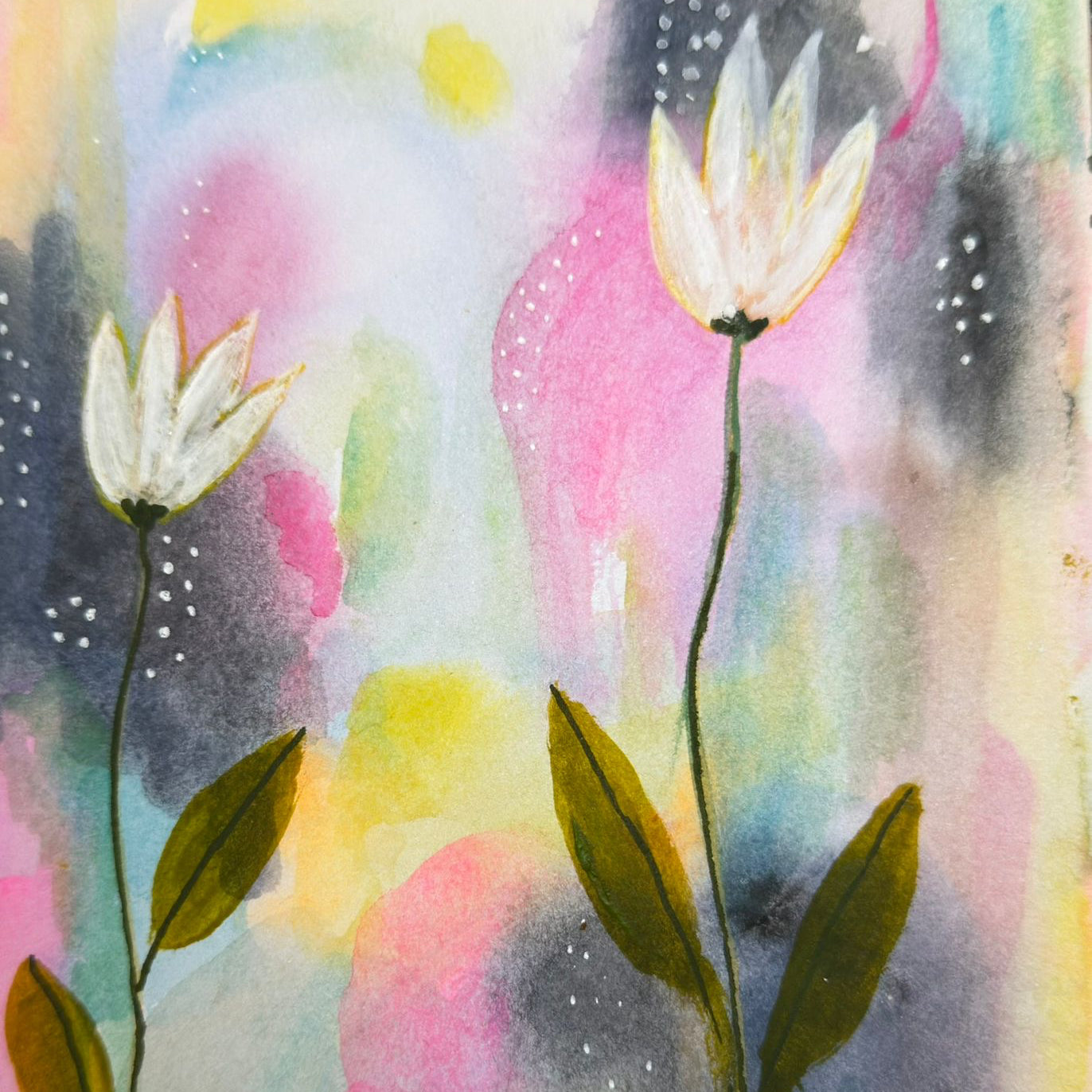 Watercolor painting of white flowers with colorful abstract background