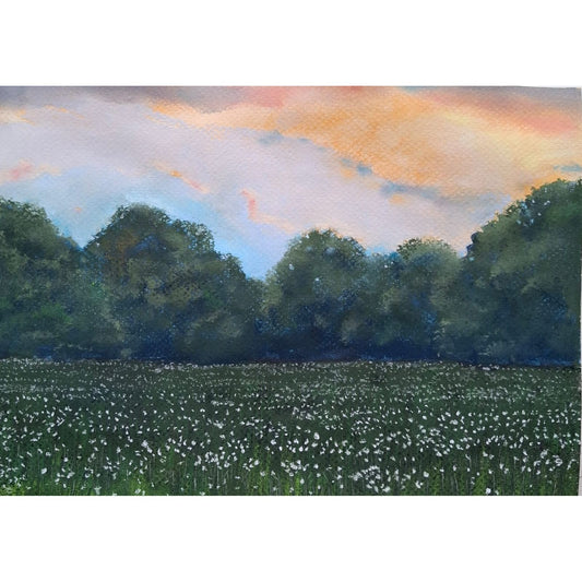 The meadow stretches endlessly in deep emerald shadows -Soft Pastel- Original Art-  9x12" with margin