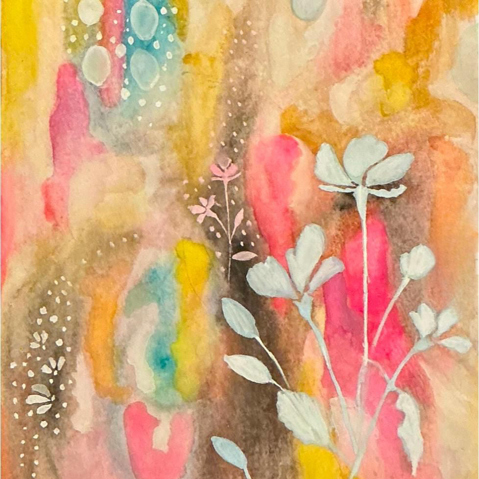 Colorful abstract art with floral elements on a textured background