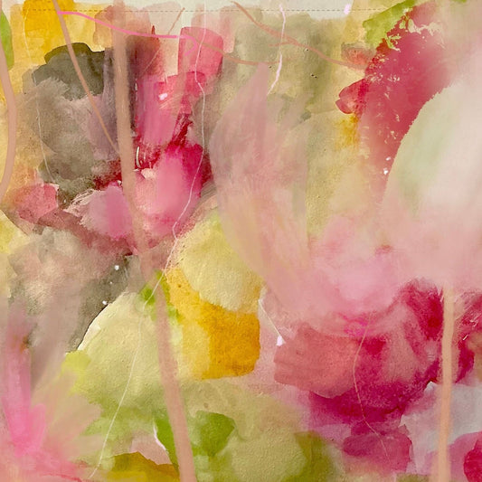 Abstract art with pink, yellow, and green colors