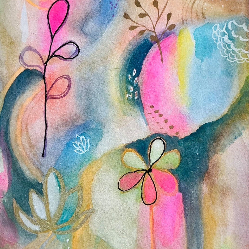 Abstract watercolor artwork with colorful flowers and leaves